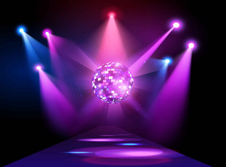 Glowing purple disco ball with spotlights, shiny hanging mirror sphere with illumination, vector disco party club stageのイラスト素材