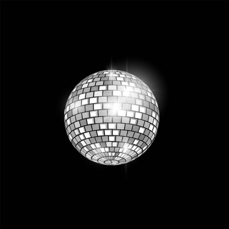 Glowing silver disco ball, vector shiny hanging mirror sphere, retro symbol music dance club festive party decorationのイラスト素材