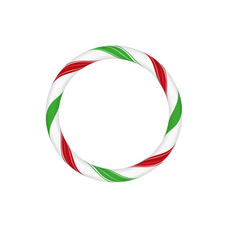 Christmas candy cane ring frame with red, white and green twisted stripes, vector round border candy lollipop patternのイラスト素材