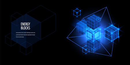 Energy blocks vector banner, neon blue cube high tech virtual technology, computer engineer network, energy boxes glowのイラスト素材