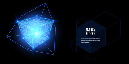Energy blocks vector banner design, big data neon cube high tech technology, Artificial Intelligence HUD energy box glowのイラスト素材