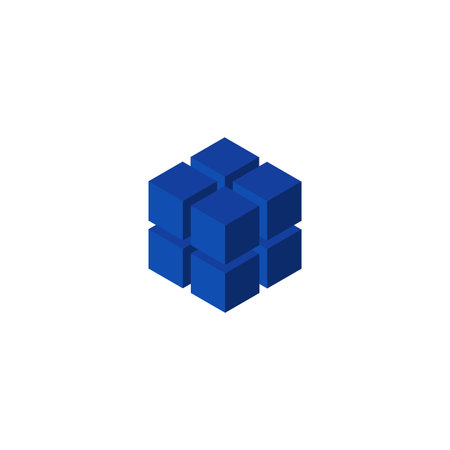 Blue cube from square grid, geometric puzzle, isometric cubic, energy blocks vector design, data box matrix, HUD elementのイラスト素材
