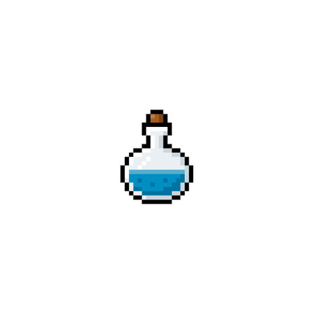 Progress bar game menu, vial with cork and blue elixir content pixel vector, flask score energy, power, magical abilityのイラスト素材