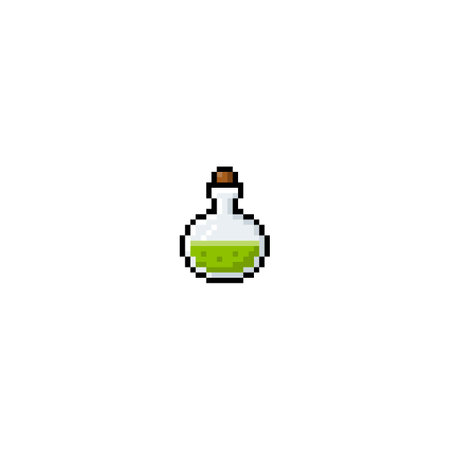 Progress bar game menu, vector vial with cork and green content pixel art, flask score of energy, power, magical abilityのイラスト素材