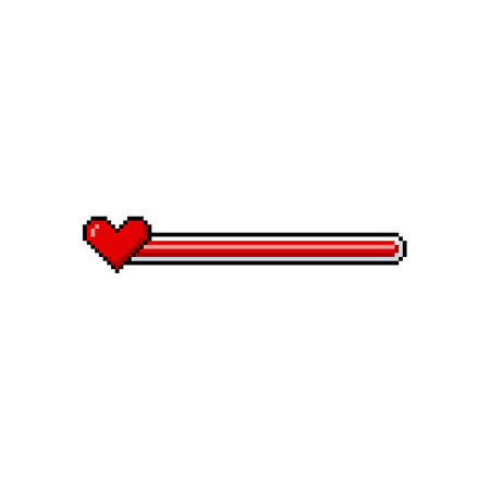 Full red line progress bar game menu with heart symbol pixel art, vector retro 8 bit level scale of life, energy, healthのイラスト素材