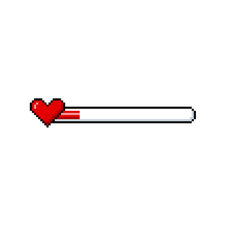 Red heart and line progress bar with one part pixel art, vector retro 8 bit game menu life, energy, health level scaleのイラスト素材