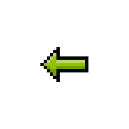 Green arrow black outline, vector pixeled left side direction pointer, retro back button, previous cursor UIUX interfaceのイラスト素材