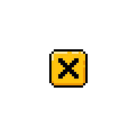Close, exit button with black cross shape pixel vector icon, crosshair in yellow square, retro UI UX game menu interfaceのイラスト素材