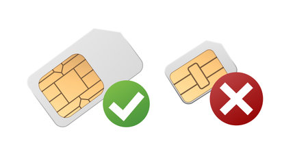 Sim cards different sizes 3D vector icons set, wireless GSM microchip for mobile phone with rejection and approval signのイラスト素材
