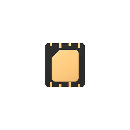 Sim card vector icon, GSM wireless microchip for mobile smartphone, subscriber identity module black and golden designのイラスト素材