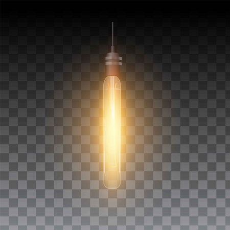 Light bulb warm light glowing, ceiling lamp switch on, vector realistic hanging illumination oblong cylindrical shapeのイラスト素材