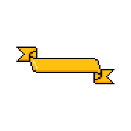Ribbon yellow banner black outline, vector cartoon vintage 8bit tape frame blank curved forked ends and space for sloganのイラスト素材