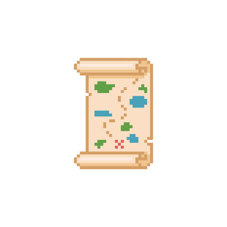 Ancient vertical parchment roll map, old paper scroll, vector pixel cartoon open game navigation and destination sheetのイラスト素材
