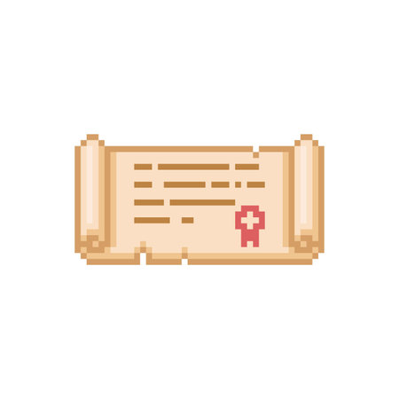 Ancient parchment roll, old paper diploma scroll pixel art, vector cartoon open game papyrus license document with sealのイラスト素材