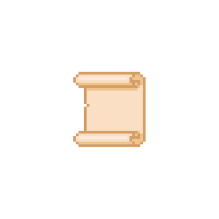 Ancient vertical parchment roll, old beige paper blank scroll pixel art, vector cartoon antique papyrus document sheetのイラスト素材