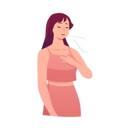 Young woman standing makes calm breathing exercise, breathe out, holding chest and eyes closed vector flat illustrationのイラスト素材