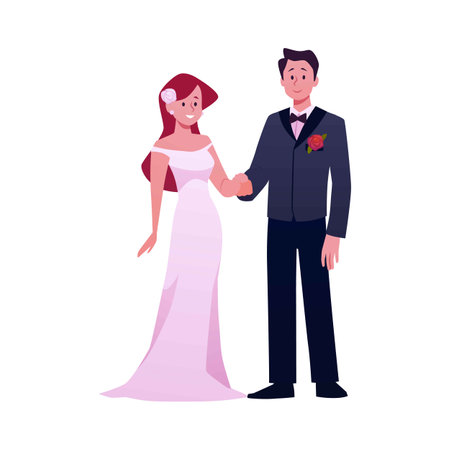 Newlywed couple, bride and groom, wedding or engagement ceremony, vector happy husband and wife full heightのイラスト素材