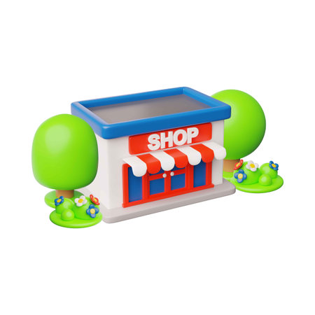 Shop building with striped canopy, trees and flowers lawn 3D plastic cartoon vector icon, isometric store constructionのイラスト素材