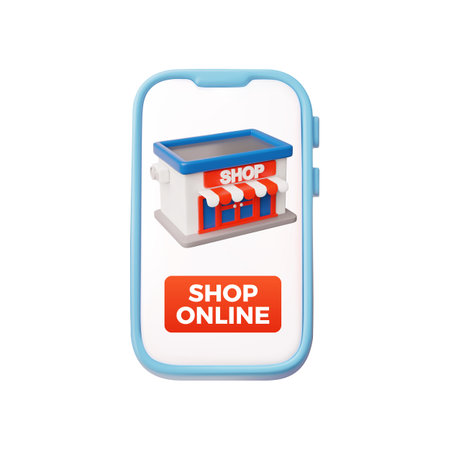 Shop online advertising 3D style vector banner design, shop building on smartphone screen, shopping web or app serviceのイラスト素材