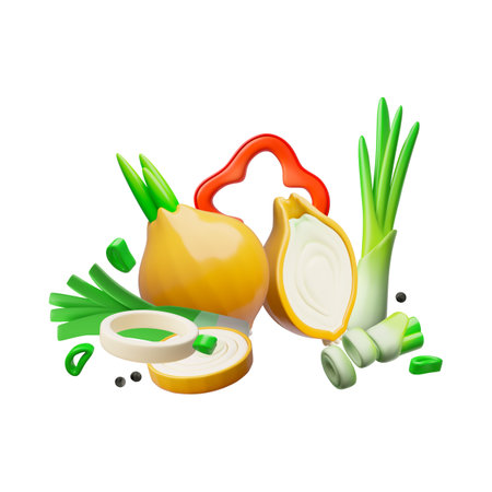 Ripe vegetables with greens 3D vector design, onions and pepper slice, natural healthy plant food, seasoning ingredientのイラスト素材
