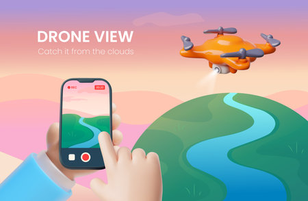Drone with camera, hand holding smartphone with view from quadcopter cam, aerial photo, video shooting 3D vector bannerのイラスト素材