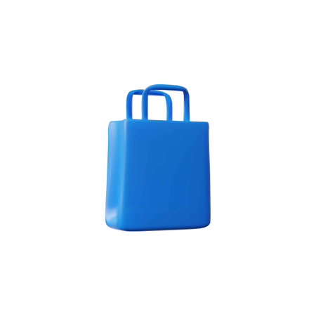 Realistic blue paper shopping bag 3D cartoon vector icon, carrying handle bag, container for purchases or gift packageのイラスト素材