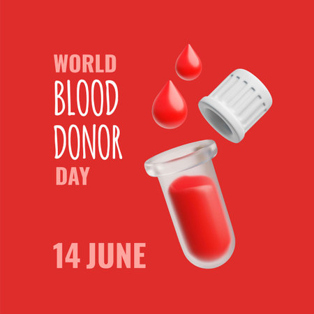 World blood donor day, 14 June, vector render 3D awareness poster design, test tube with blood droplet, donation conceptのイラスト素材