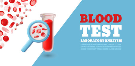 Blood tube testing magnifying glass laboratory analysis, vector render 3D banner design, medical diagnostic healthcareのイラスト素材