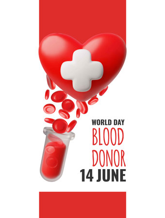 World blood donor day 14 June vector 3D poster design, heart with blood cells plasma from medical tube, donation conceptのイラスト素材