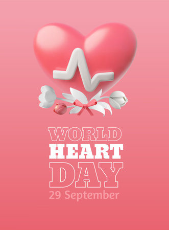 World heart day, 29 September, vector healthcare awareness 3D poster, volume heart shape with flowers and pulse signのイラスト素材
