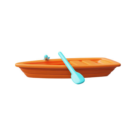 Wooden boat with paddles 3D cartoon vector icon, realistic small vessel, travel ship with oars, water transportationのイラスト素材