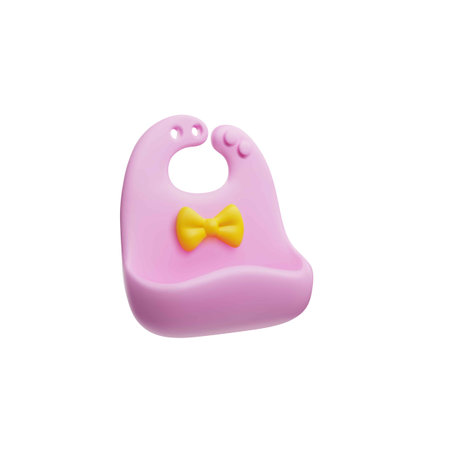 Baby girl bib decorated with yellow bow 3D vector illustration, pink silicone protective newborn clothes for eatingのイラスト素材