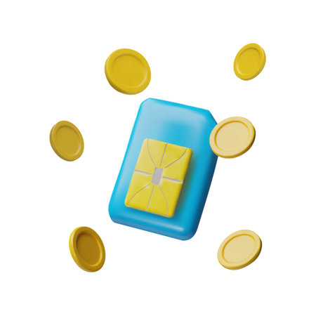 Sim card microchip and coins falling 3D vector illustration, wireless GSM equipment for mobile smartphone and moneyのイラスト素材