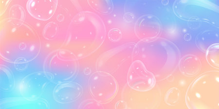 3D soap bubbles on colorful gradient, vector abstract background, realistic transparent water blobs,...