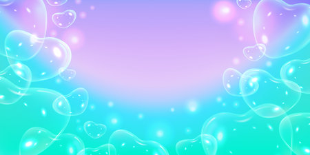 3D soap bubbles heart shape on purple green gradient, vector abstract background, transparent foam drops with glaresのイラスト素材