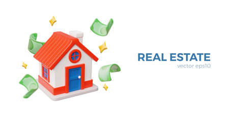 Real estate service advertising 3D vector banner design, house with banknotes falling, real property rent, buy and sellのイラスト素材