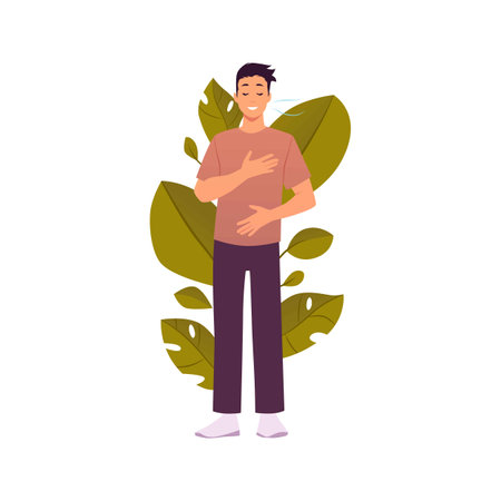 Man standing makes calm breathing exercise on floral backdrop, holding chest and stomach, eyes close vector illustrationのイラスト素材