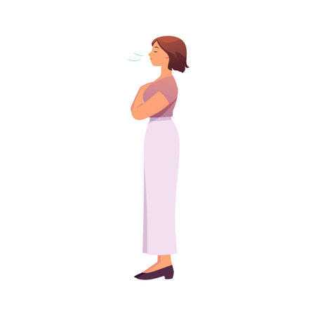 Woman standing makes calm breathing exercise, breathe out, holding chest and eyes closed vector illustration side viewのイラスト素材