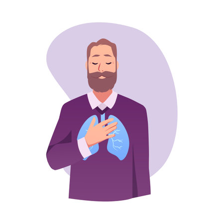 Breathing. Vector illustration of a bearded man with healthy lungs.のイラスト素材