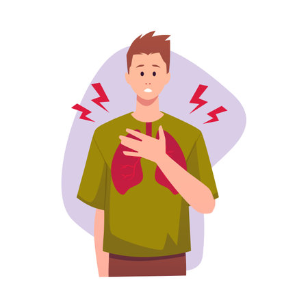 Unhealthy breathing man holding chest with red lungs organ and lightning, Bronchial Asthma, Allergy disease flat vectorのイラスト素材
