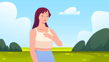 Woman standing makes calm breathing exercise on nature landscape, holding chest and eyes closed vector flat illustrationのイラスト素材