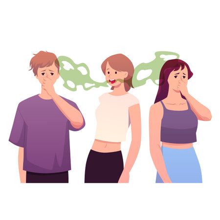 Woman bed smell breathing, people cover nose with hand, smelly mouth health oral care problems vector flat illustrationのイラスト素材