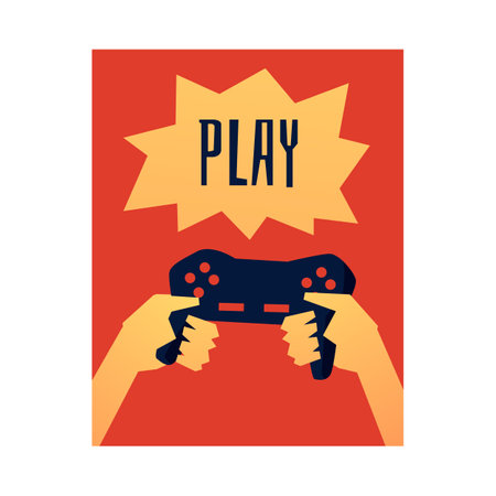 Gamepad joystick in hands, vector flat poster design with Play text, handheld gadget for gaming entertainment and funのイラスト素材