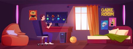 Teenage boy plays computer game space arcade, gamepad joystick in hands, vector flat interior design of gamer bedroomのイラスト素材