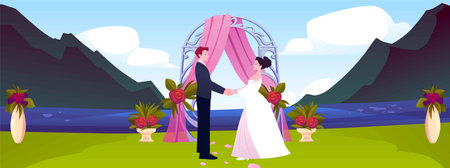 Wedding venue on mountain landscape vector flat illustration, bride and groom hold hands marriage ceremony on lake shoreのイラスト素材