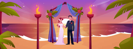 Beach wedding ceremony at sunset, with arch, bride, groom and torches.のイラスト素材