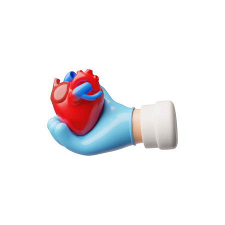 3D vector of blue gloved hand, holding human heart.のイラスト素材