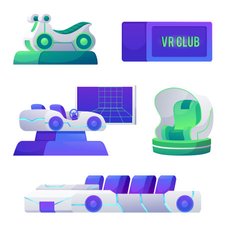 Vector illustration of a set with digital equipment for a virtual reality amusement park.のイラスト素材