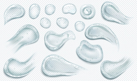 illustration of set of realistic smears and drops, different shapes, transparent cosmetic product.のイラスト素材