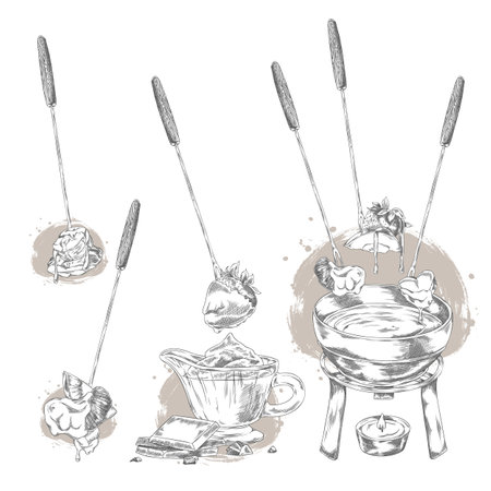 Berries and fruit pieces with melted chocolate on skewer engraved hand drawn vector set, candle with fondue bowl sketchのイラスト素材
